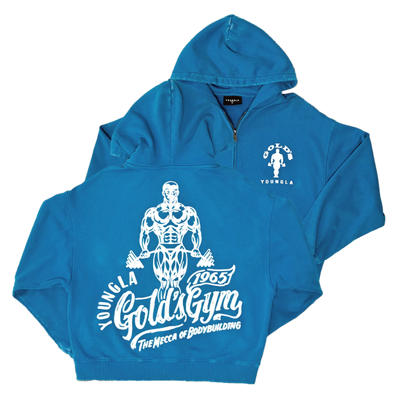数量限定｜GOLD'S GYM × YoungLA ジップフーディー ブルー｜ゴールド